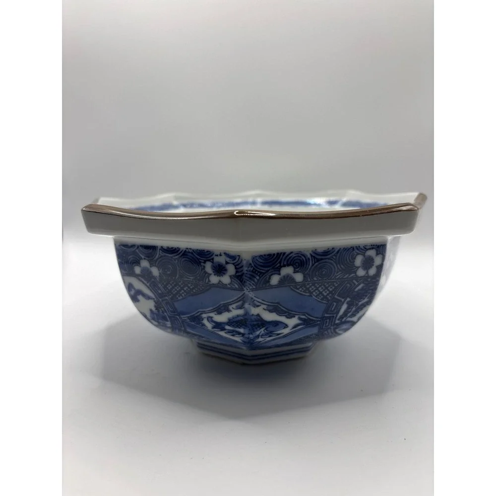Japanese Blue and White Porcelain Octagonal Bowl Fish Floral Motif Sometsuke